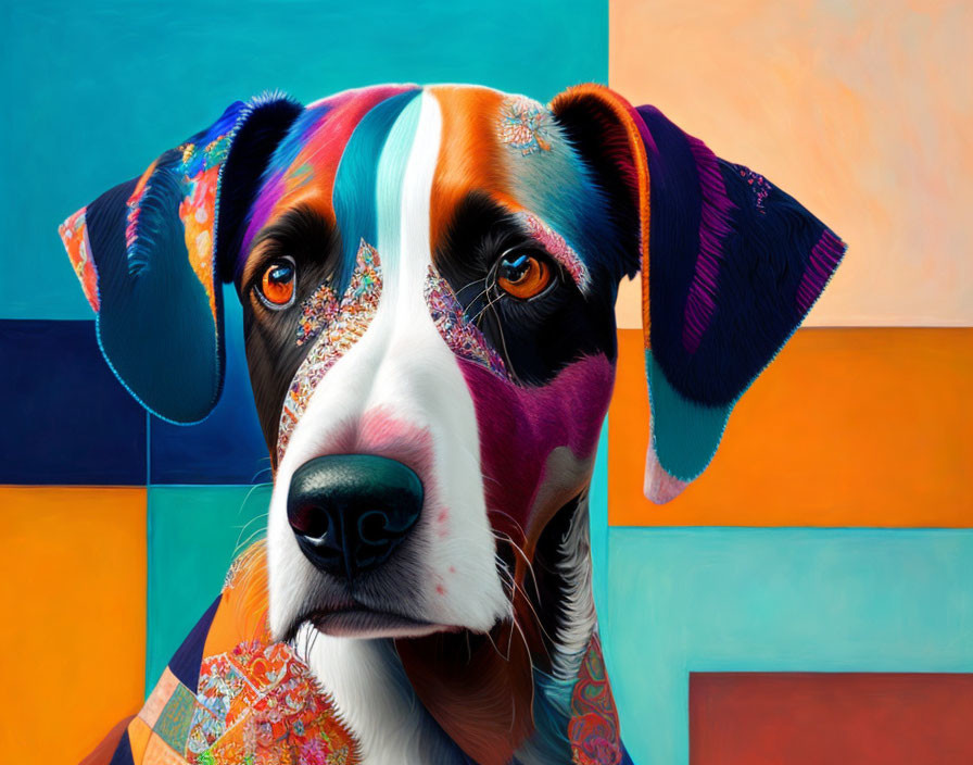 Vibrant, stylized dog portrait with colorful patterns on geometric backdrop