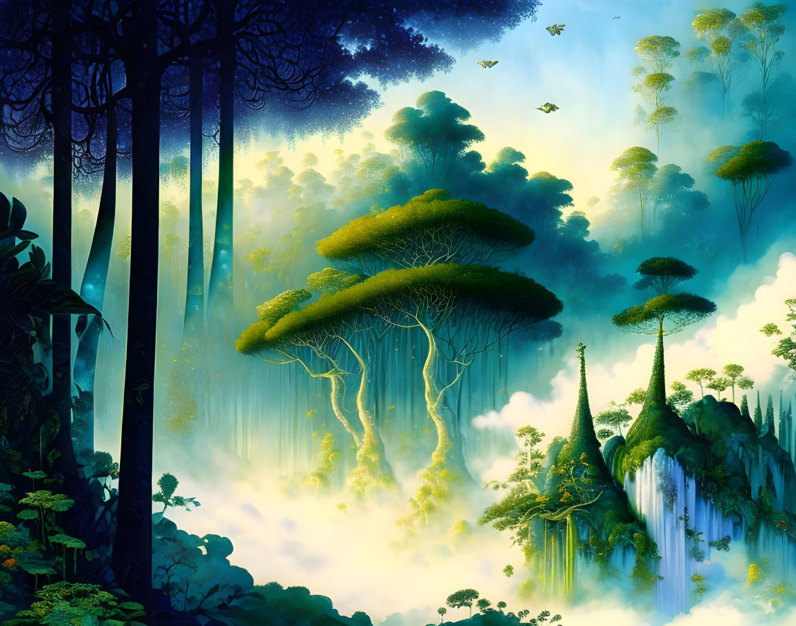 Ethereal forest digital art: towering trees, misty ambiance, floating islands