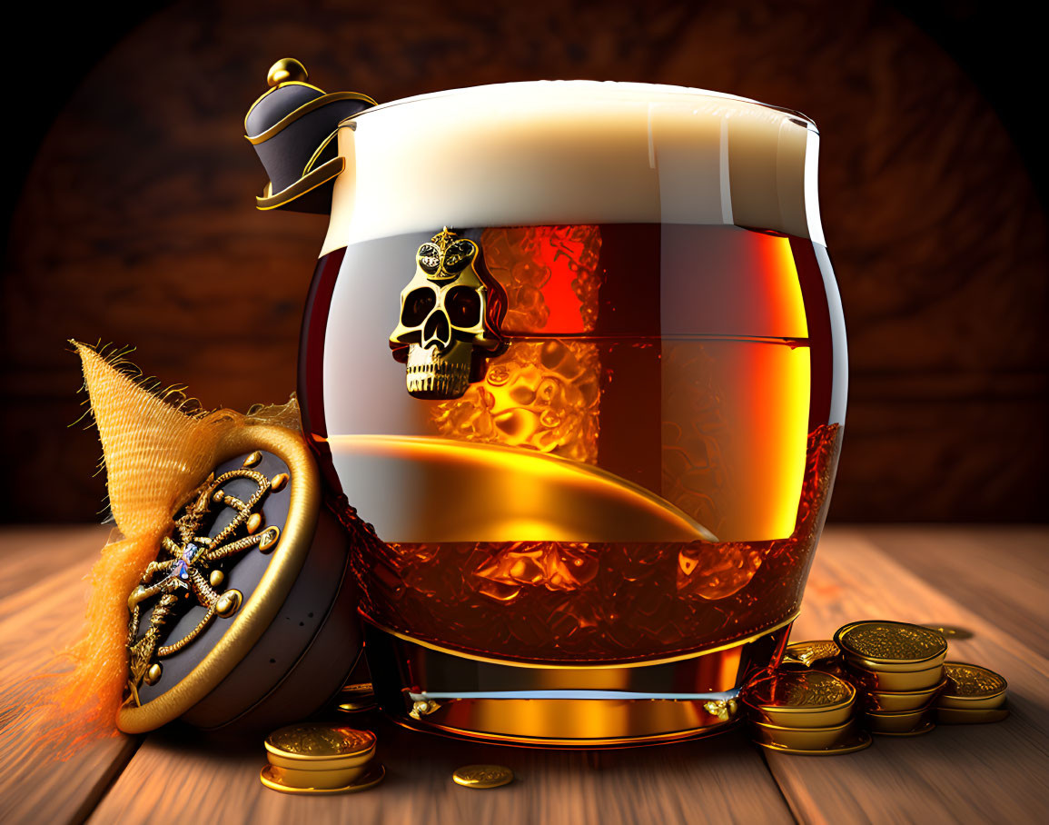 Barrel-shaped pirate beer mug with skull, hat, and coins motif