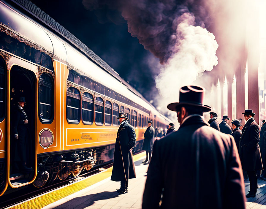 Vintage train steaming at platform with elegantly dressed people