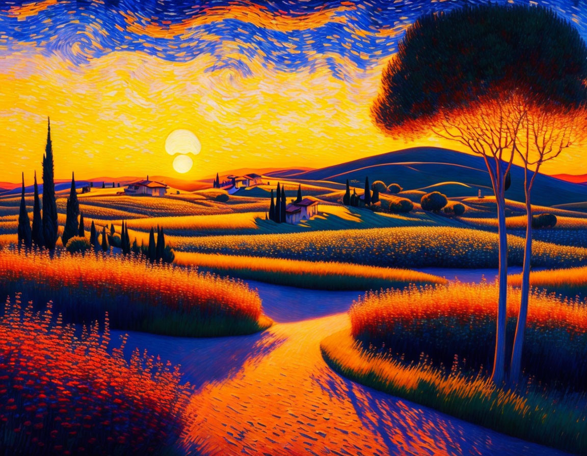 Rolling hills, setting sun, swirling sky: vibrant landscape painting.