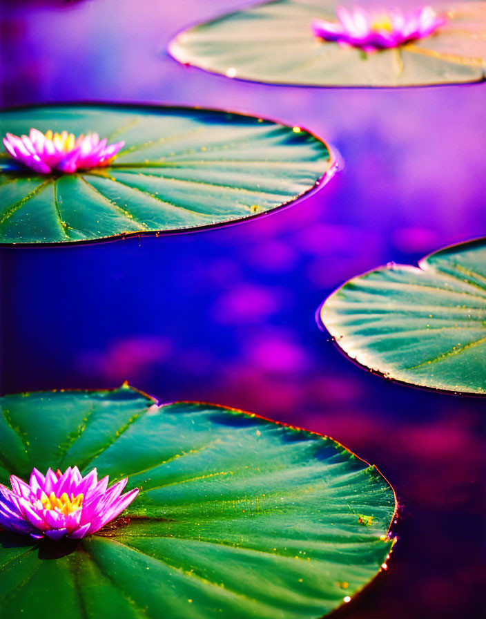 Colorful water lilies on green pads with iridescent background