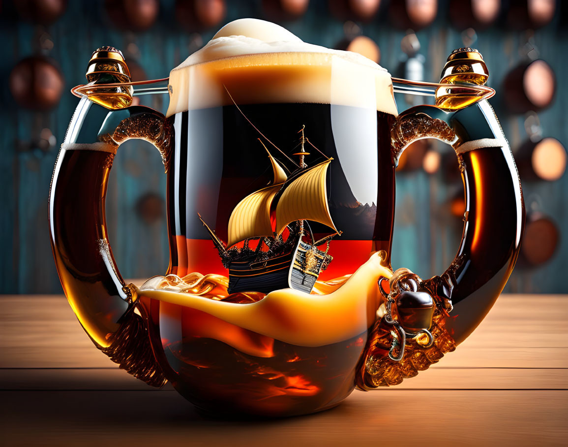 Surreal glass beer mug with ship sailing on beer and golden horse handles