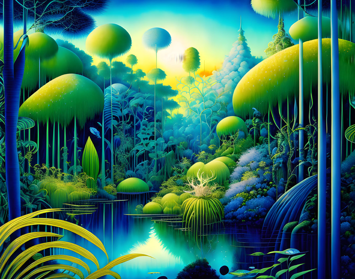 Surreal landscape with luminescent trees, blue water, lush vegetation