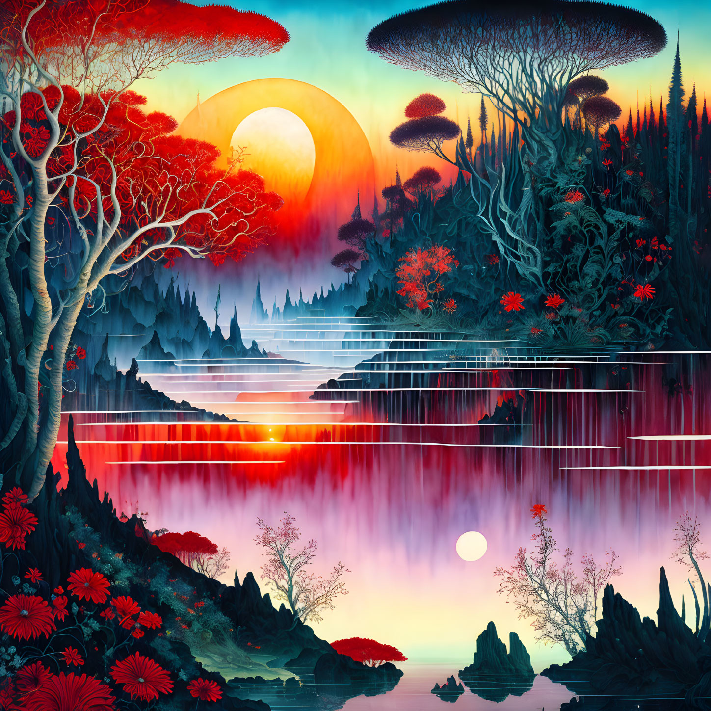 Fantastical landscape with red sun, cliffs, waterfalls, exotic flora