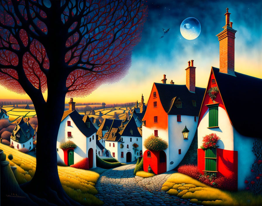 Colorful Twilight Village with Cobblestone Paths, Tree, and Full Moon