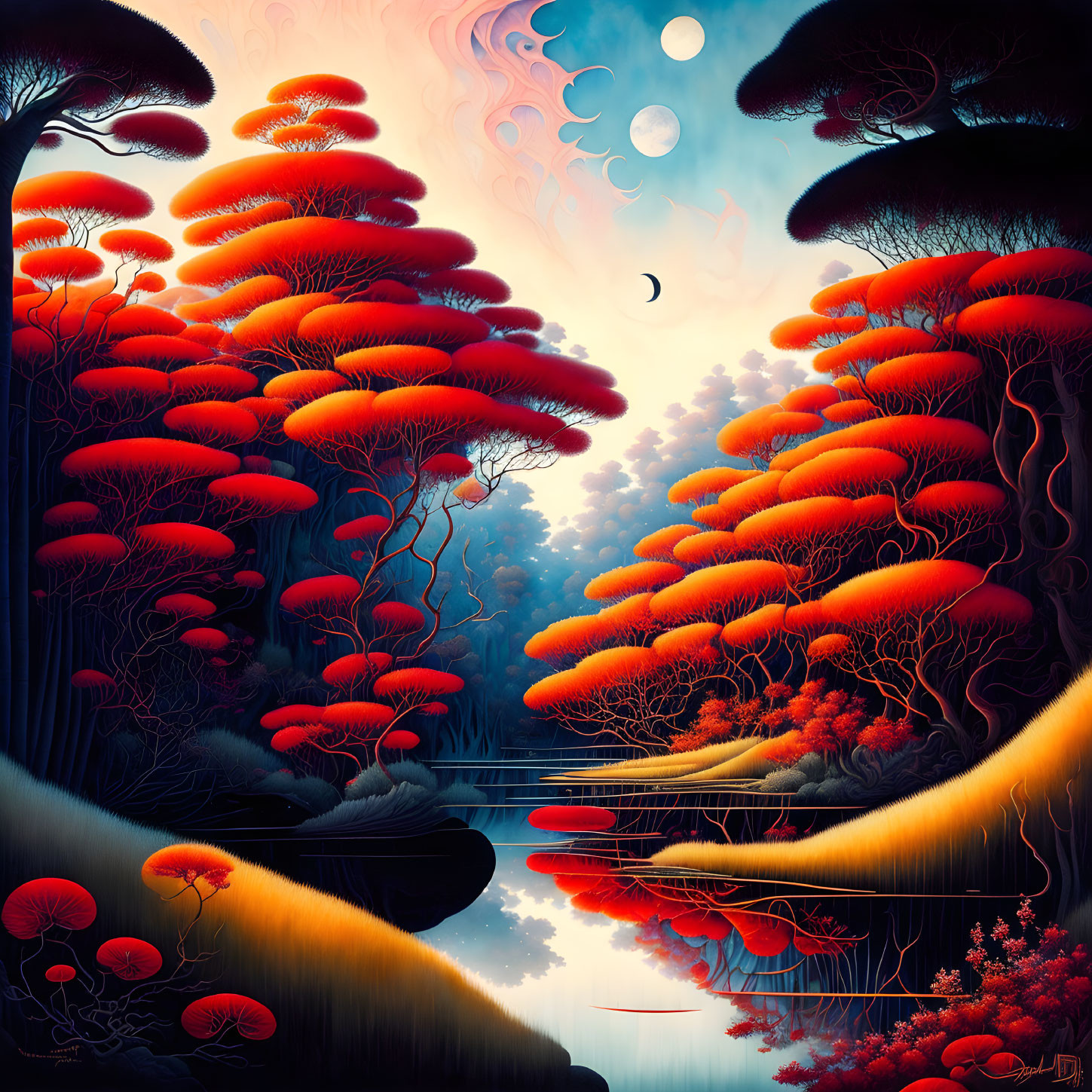 Digital Art: Oversized Red Mushrooms in Reflective River Landscape