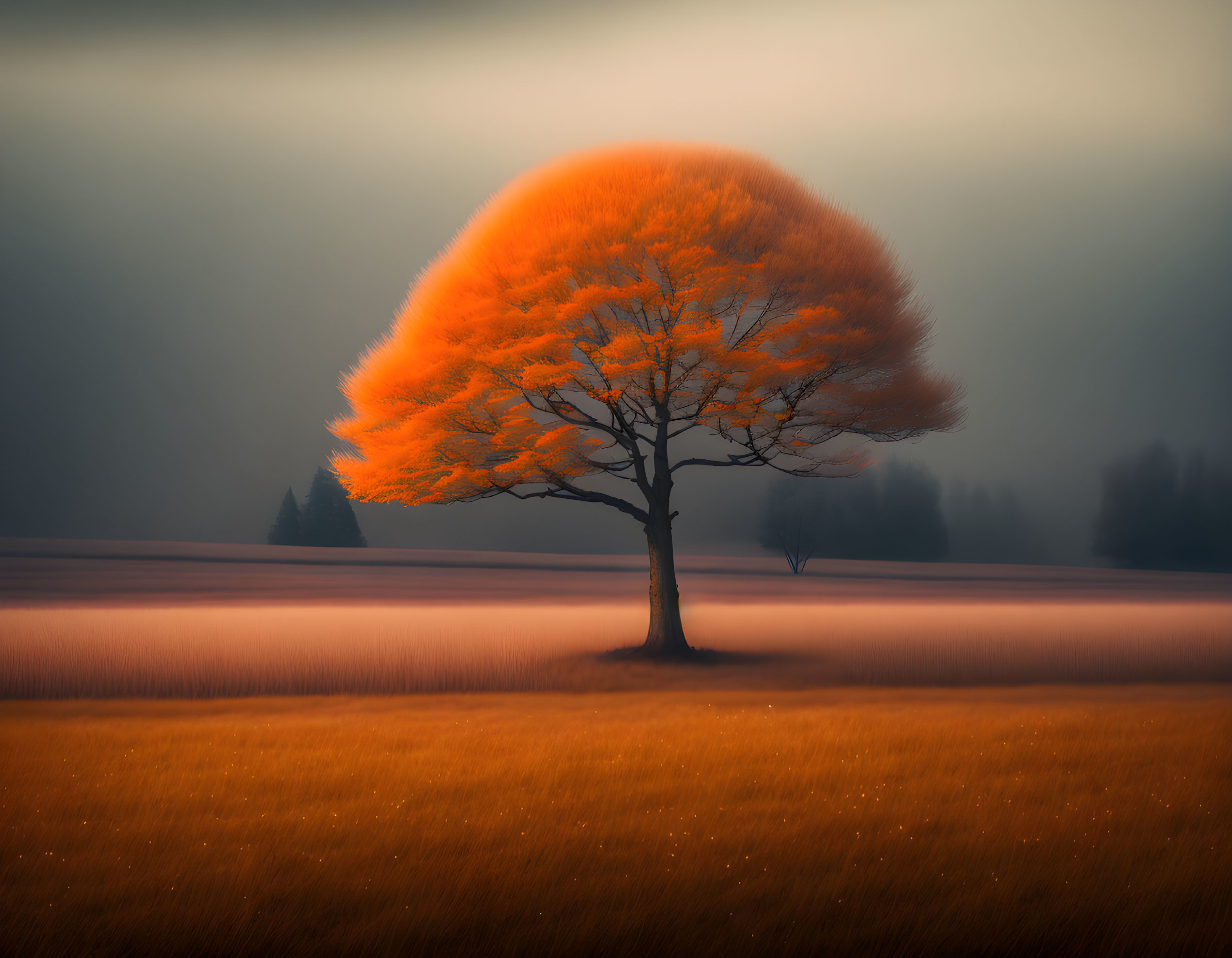 Vibrant orange tree in misty golden field