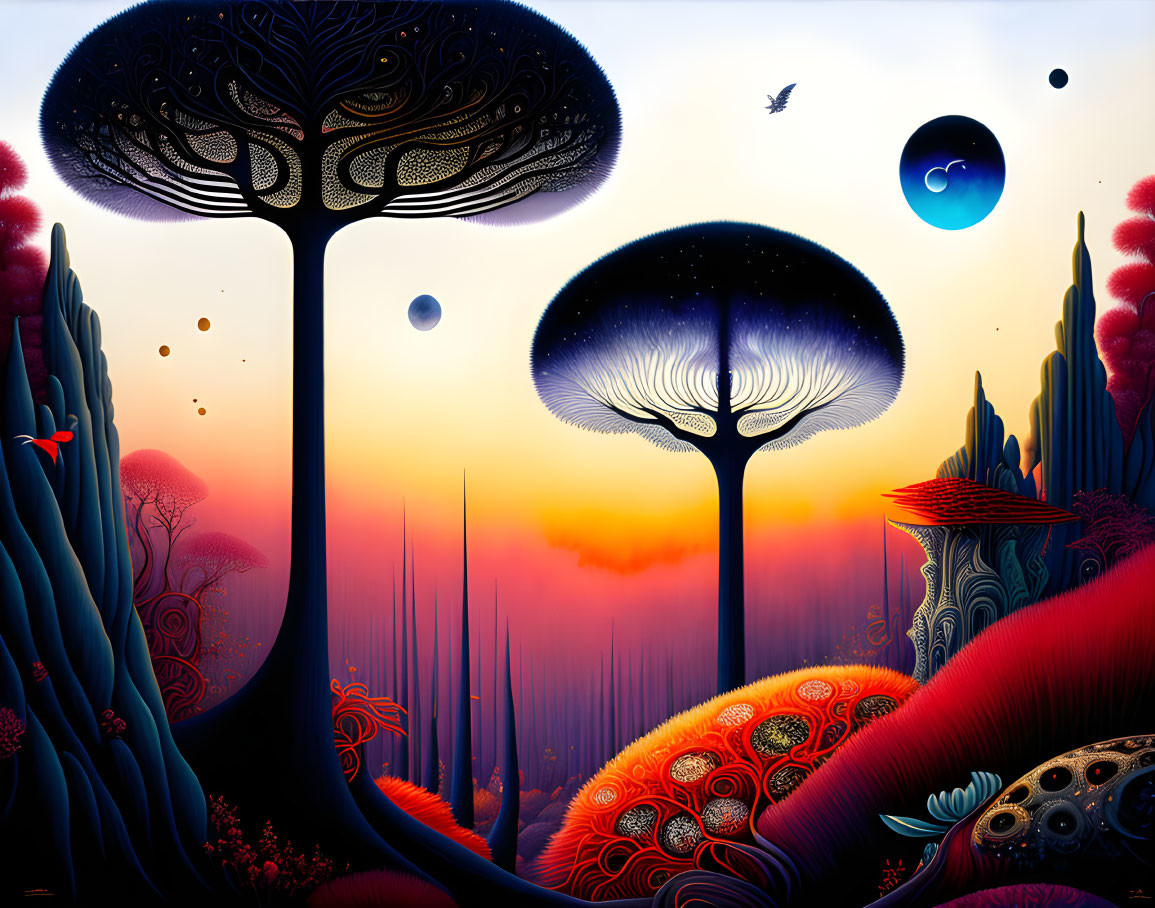 Colorful surreal landscape with stylized trees and celestial orbs