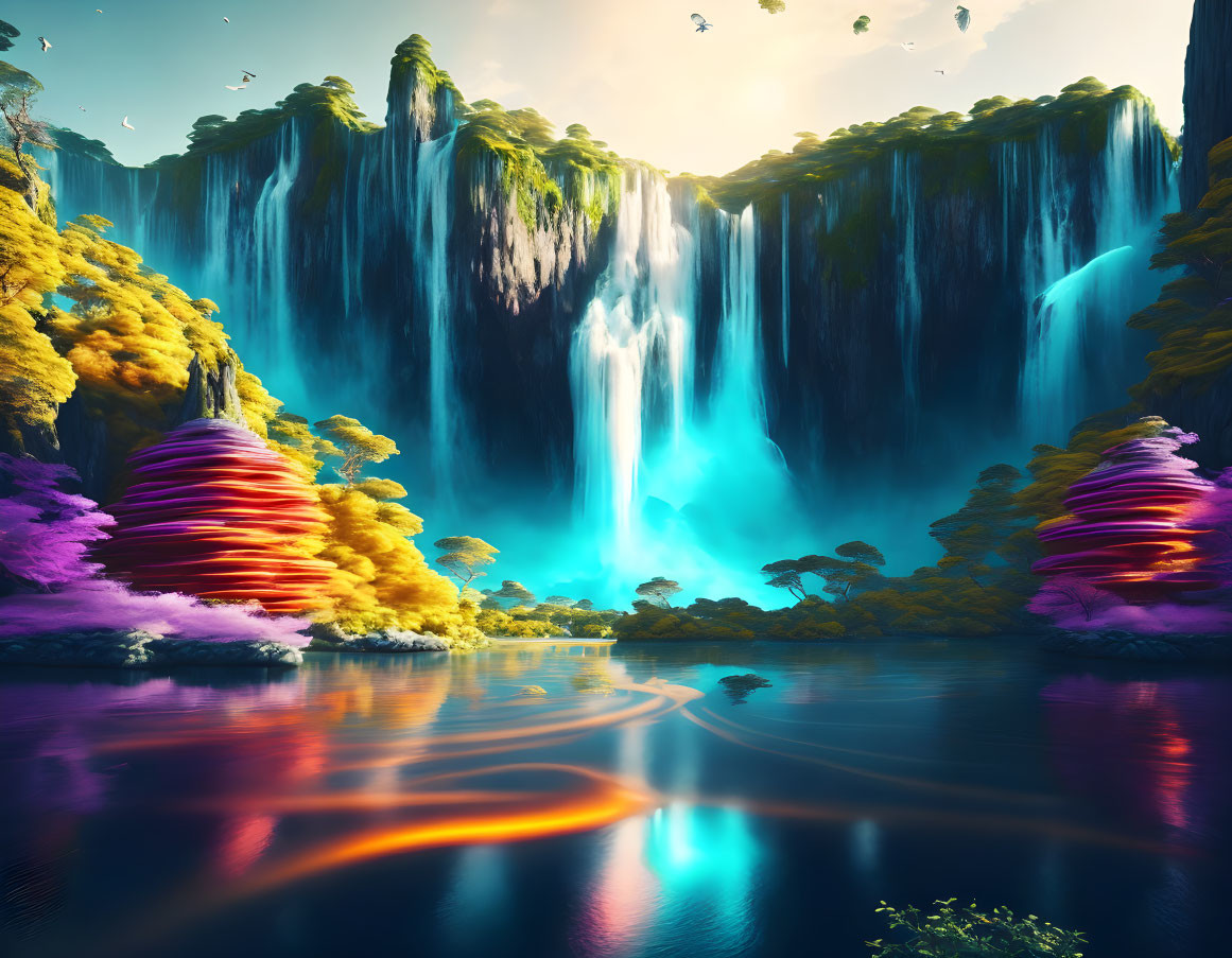 Colorful surreal landscape with waterfalls, multicolored trees, serene lake, and birds