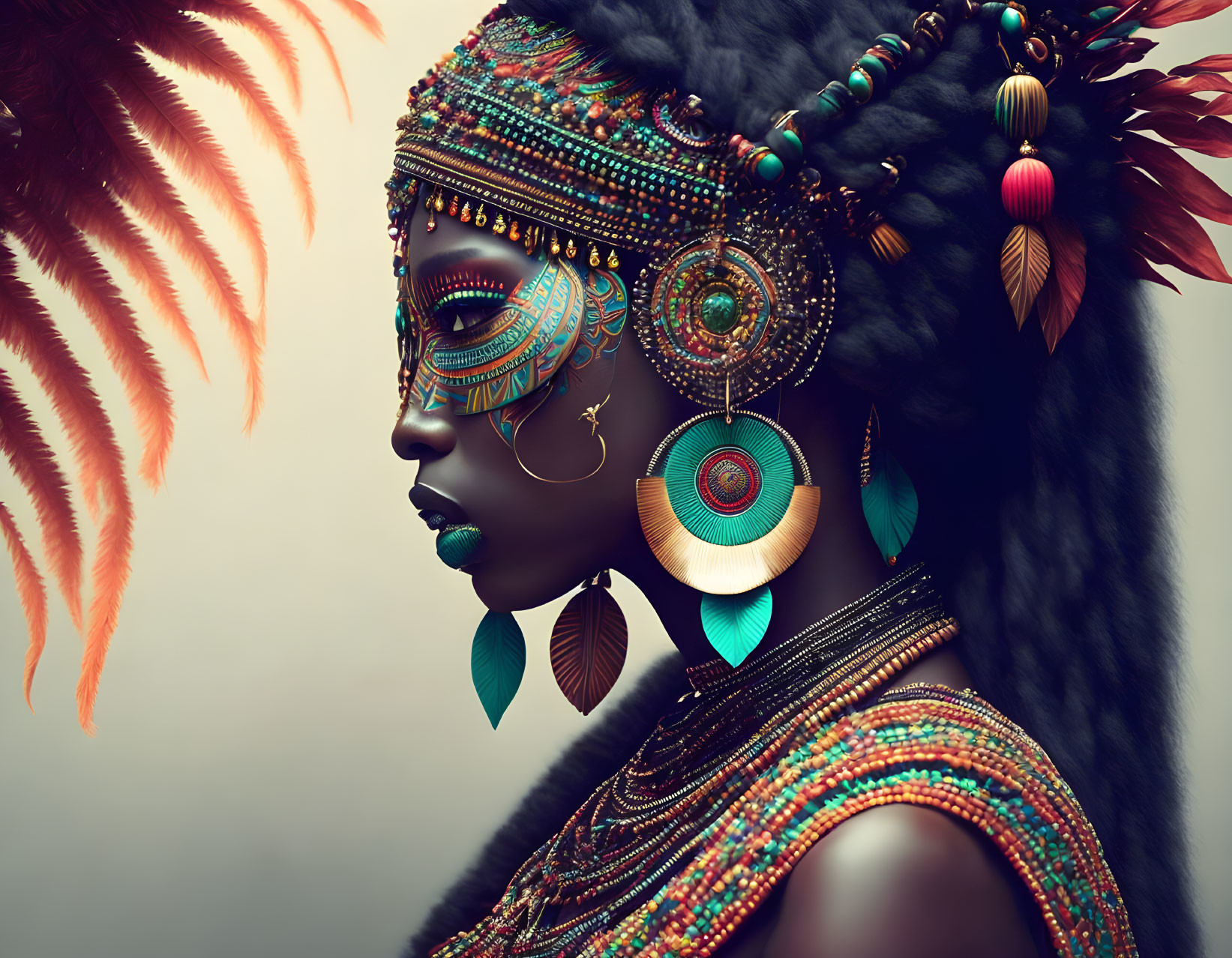 Woman with tribal makeup and jewelry in digital art