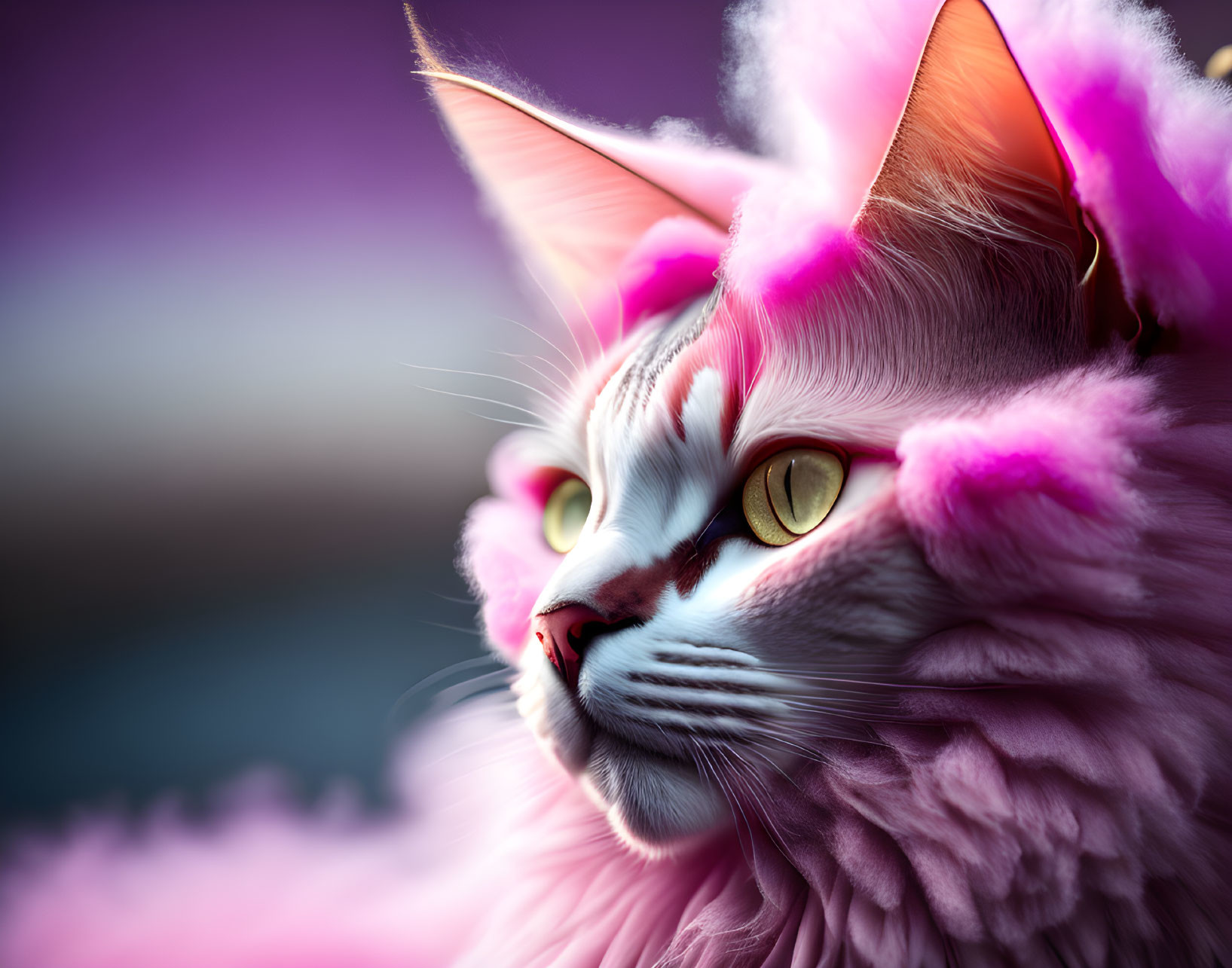 Fantasy cat with purple fur and yellow eyes on colorful background