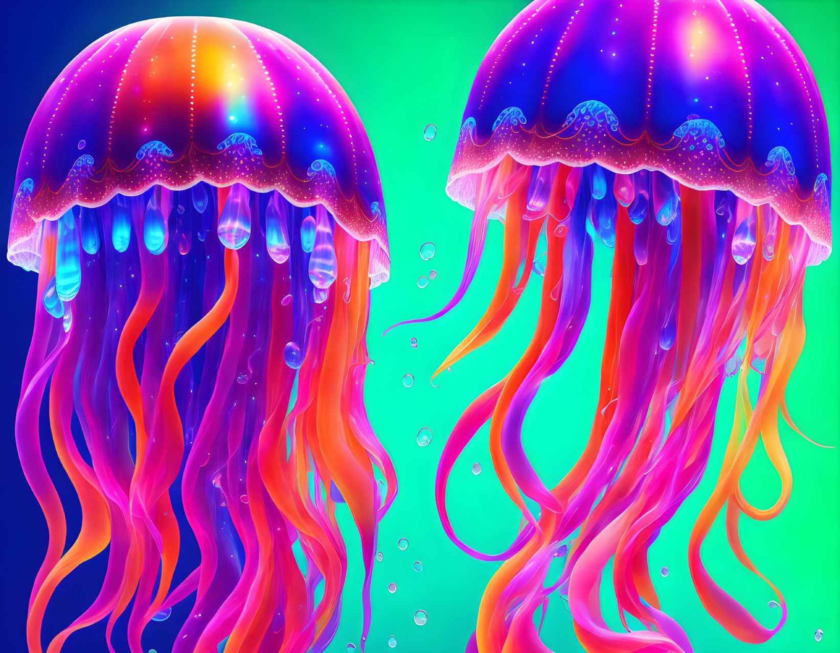 Vibrant neon jellyfish on blue-green gradient background