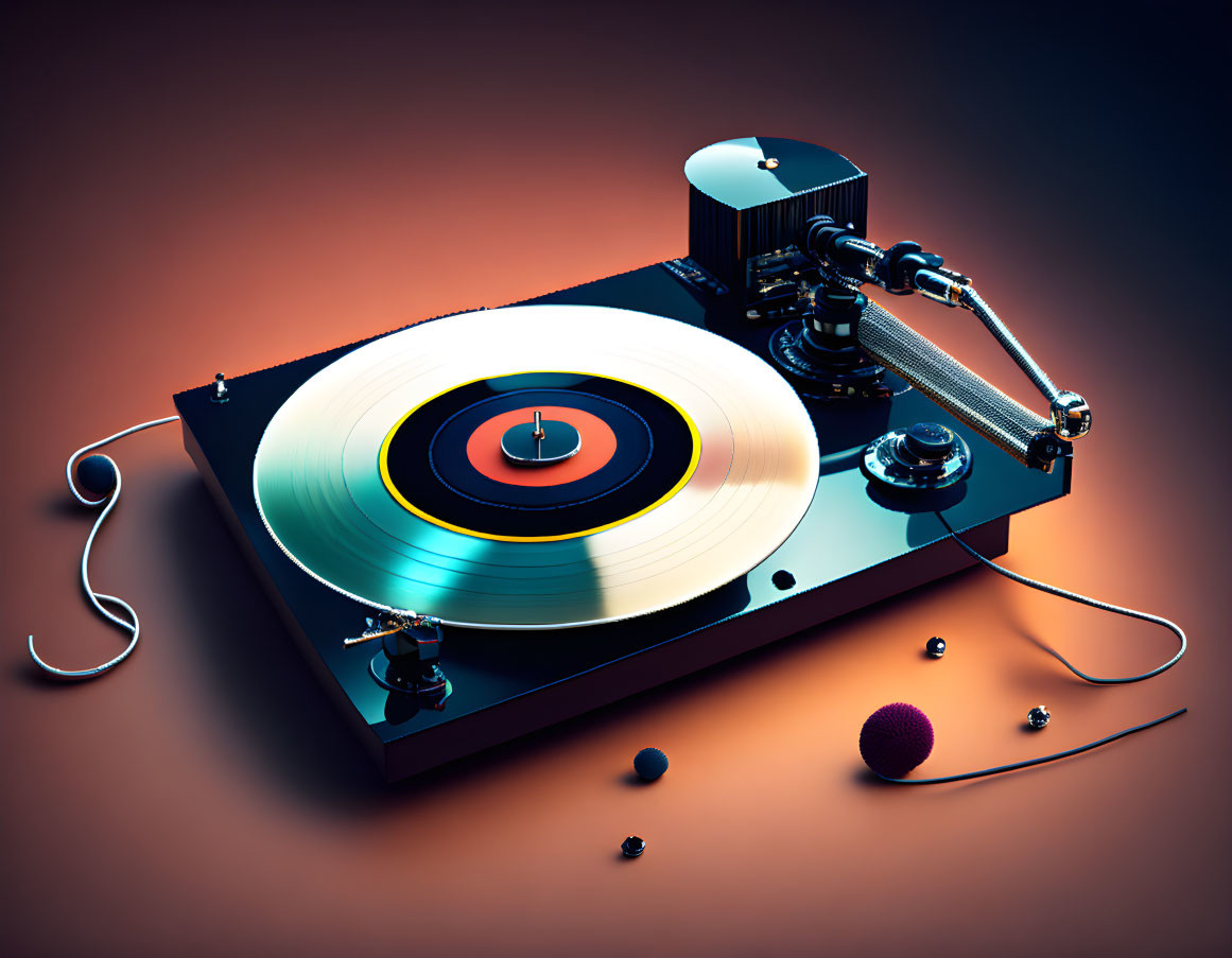 Modern turntable with two-tone vinyl record on warm orange backdrop