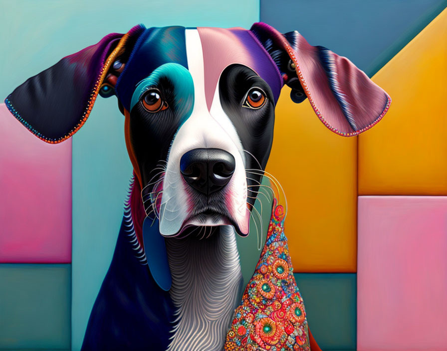 Vibrant, stylized dog painting with colorful patterns