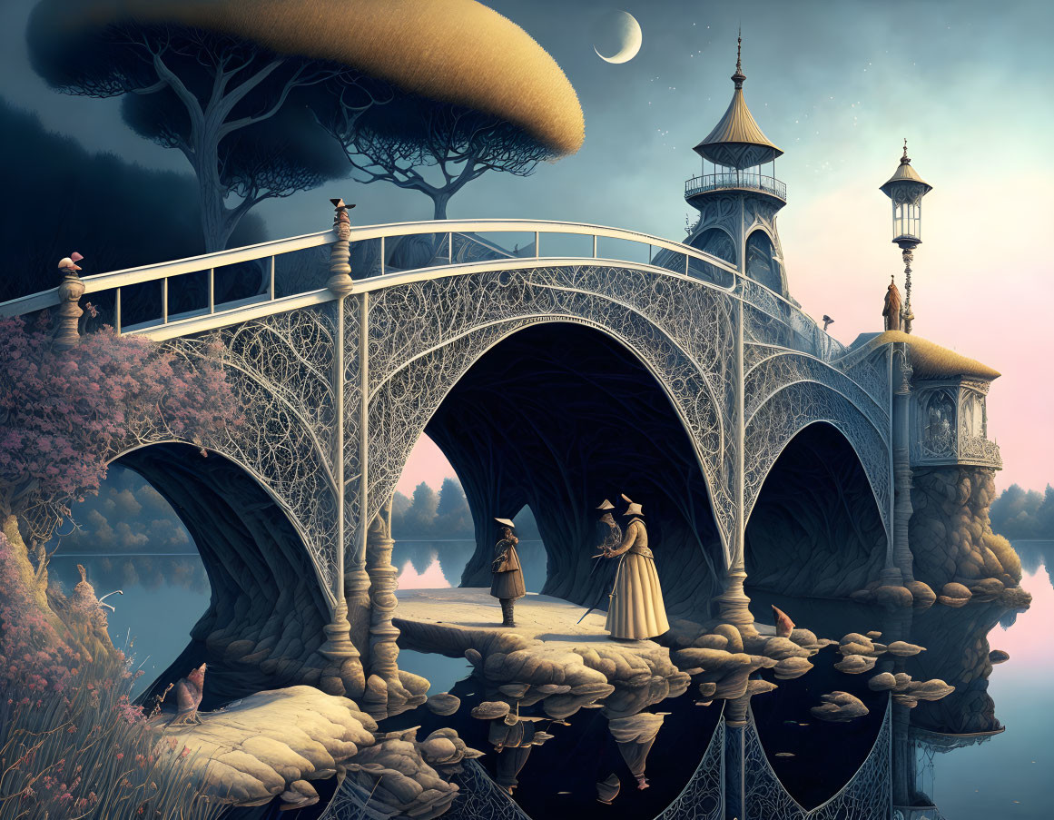 Fantasy scene: Bridge to turret under twilight sky