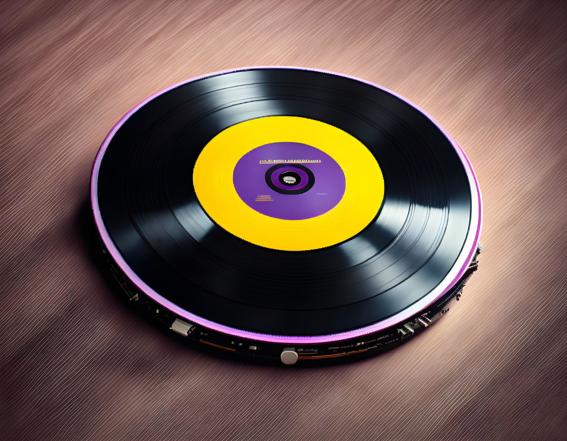 Yellow and purple labeled vinyl record on pink textured surface