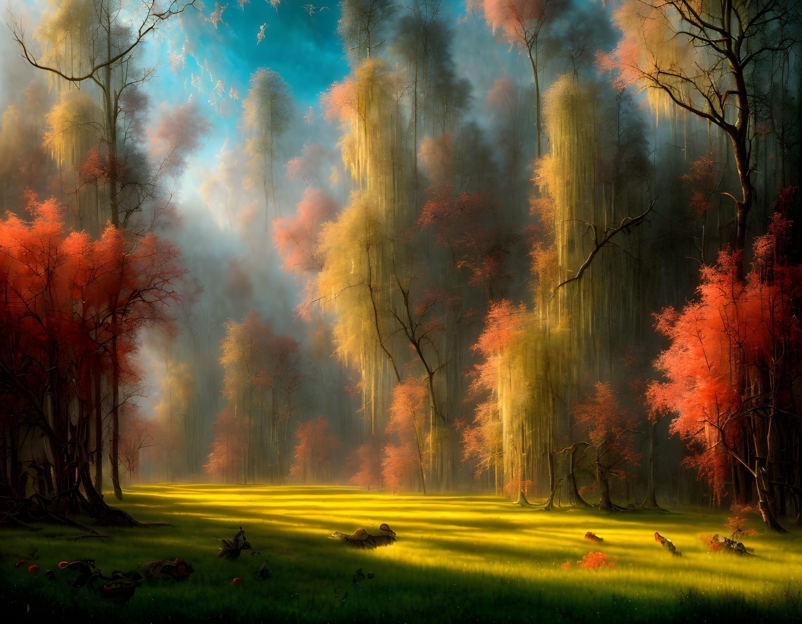 Tranquil forest scene with sunlight, mist, red and orange leaves, tall trees