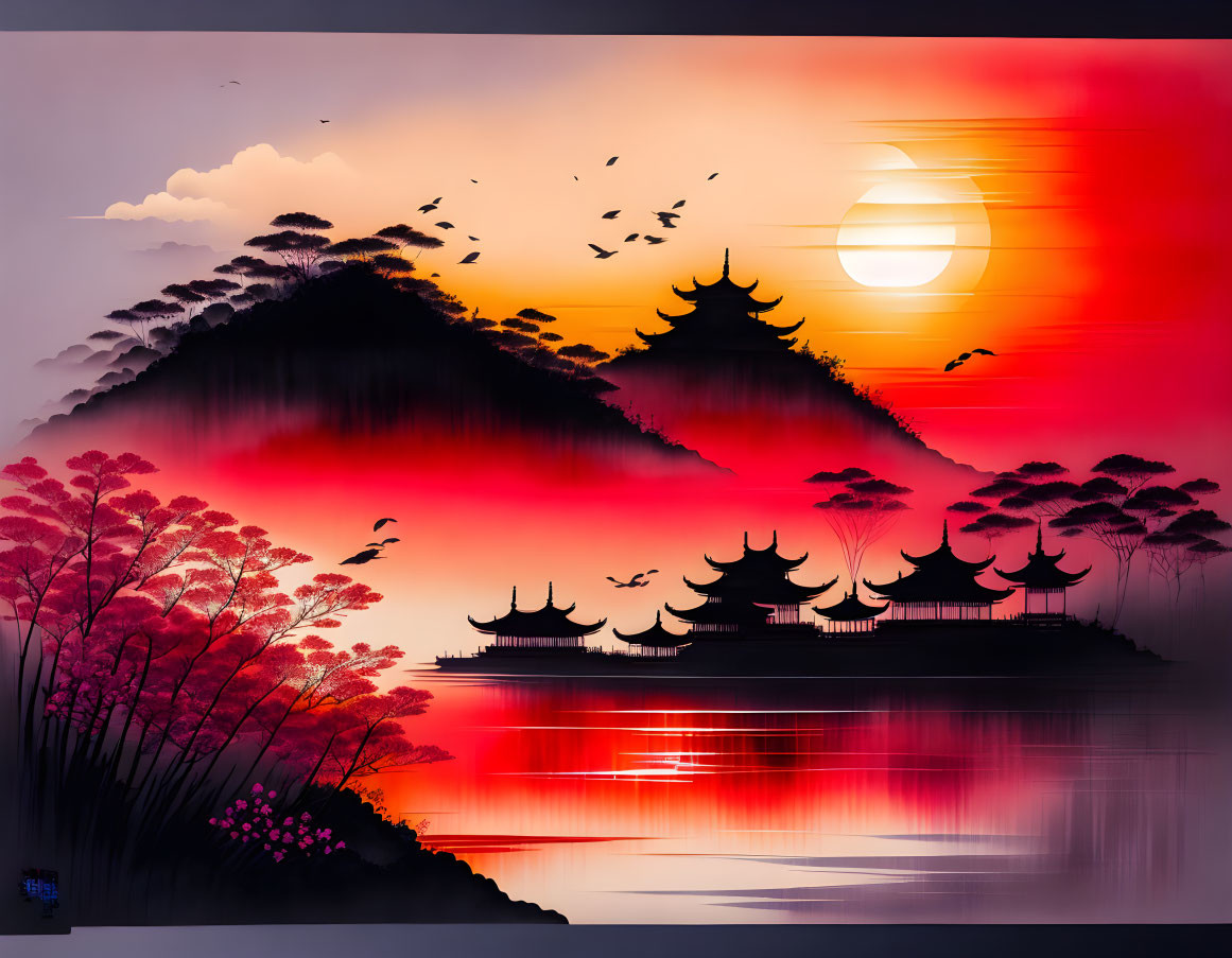 Misty Eastern landscape at sunset with pagodas, mountains, trees, and birds