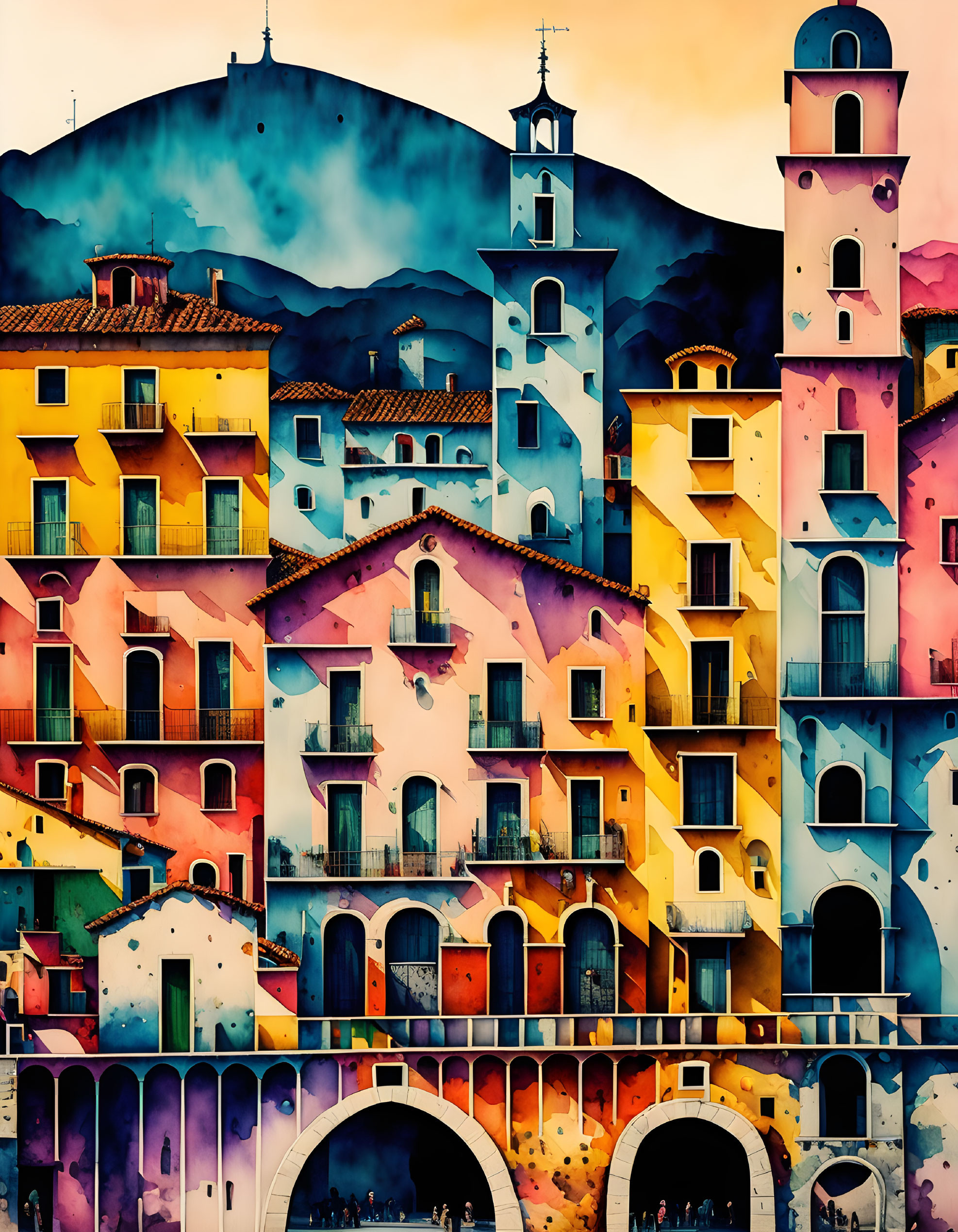 Colorful Buildings with Arches and Windows Against Misty Hill Backdrop