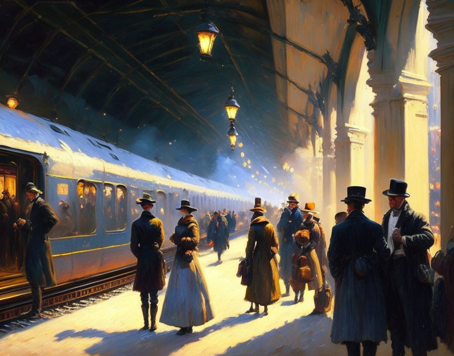 Vintage Train Station Evening Scene with Snowfall and Passengers in Period Attire