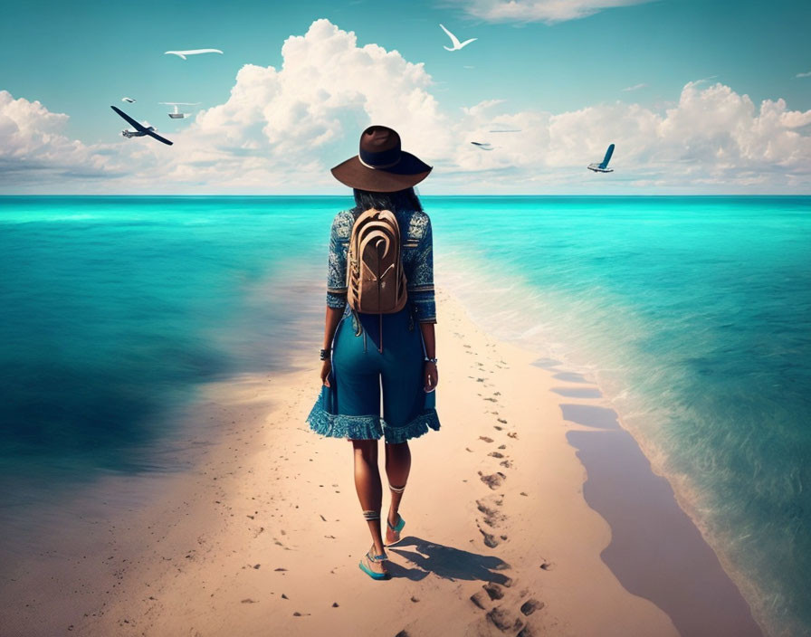 Person in Wide-Brimmed Hat and Blue Dress on Sandy Beach with Turquoise Sea and Birds