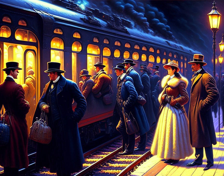 Vintage Attired Passengers Boarding Night Train Under Glowing Streetlights