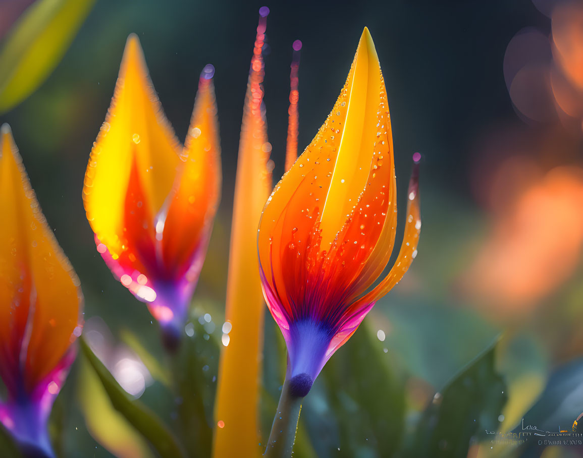 Colorful tulips with water droplets on blurred background.