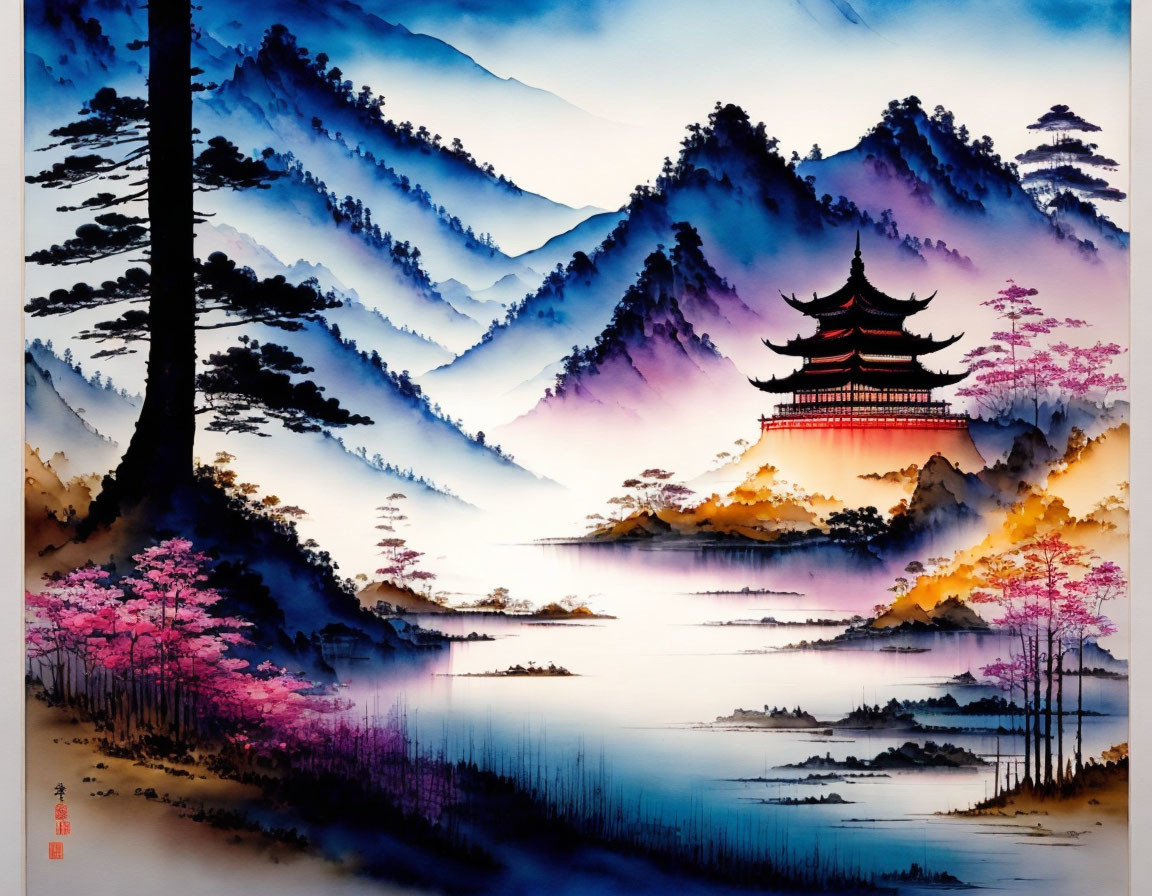 Tranquil landscape painting: Pagoda, layered mountains, pink trees, misty water.