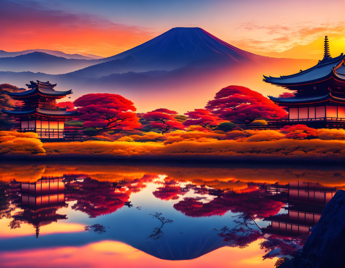 Sunset view of Mount Fuji, Japanese pagodas, autumn trees, and serene lake