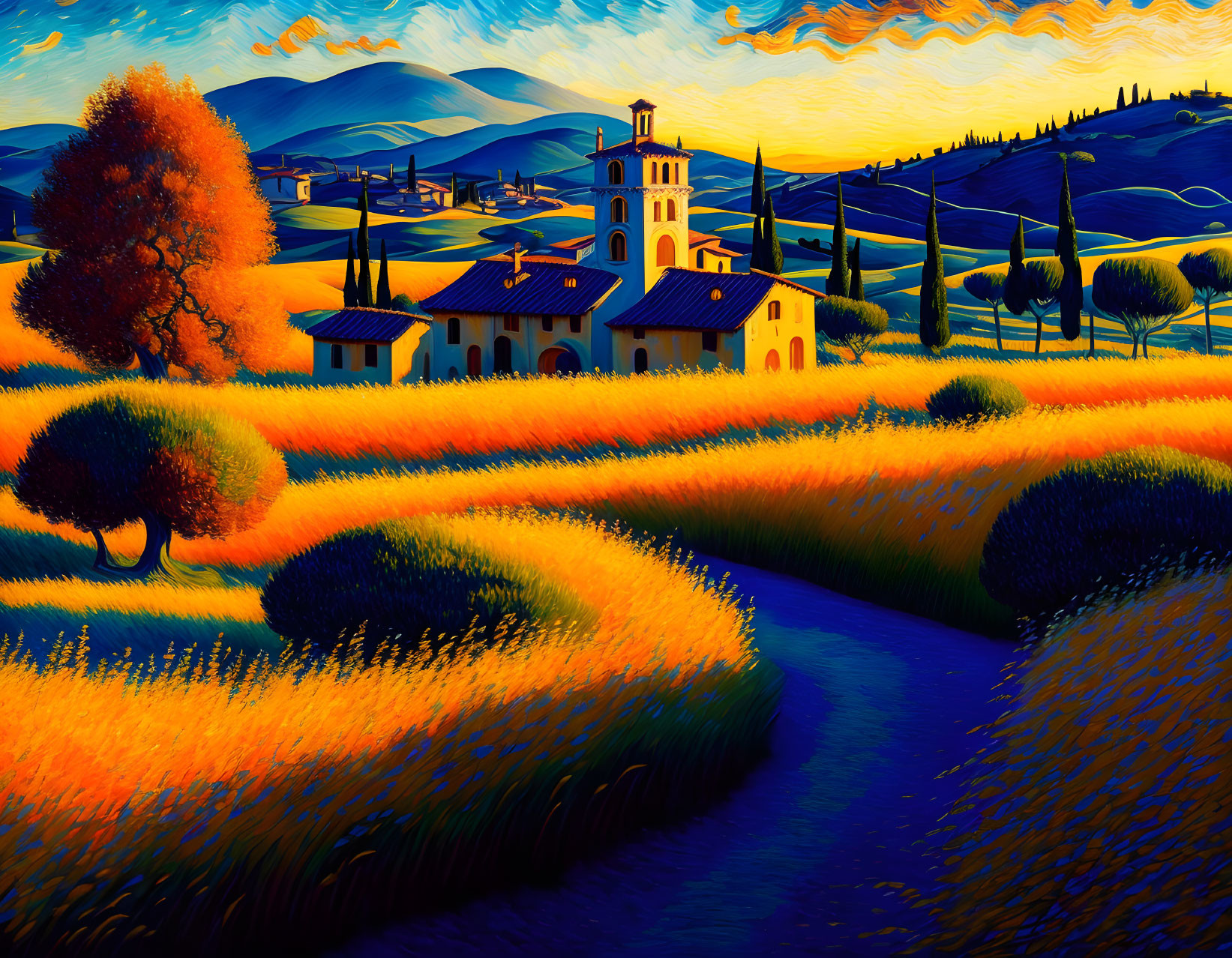 Colorful landscape with church on path through hills, fields, trees