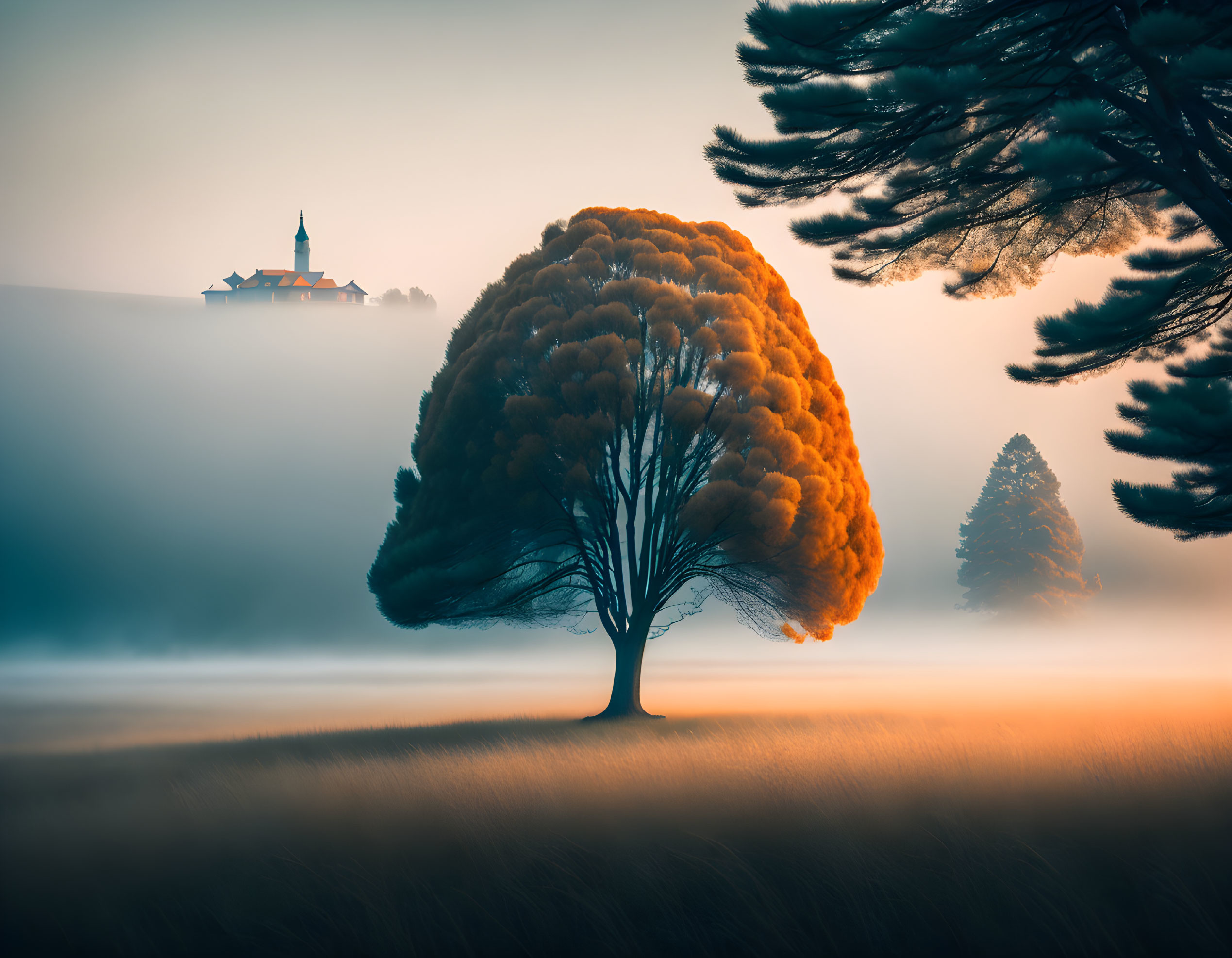 Orange Tree in Misty Field with Silhouette of Building and Soft Sky