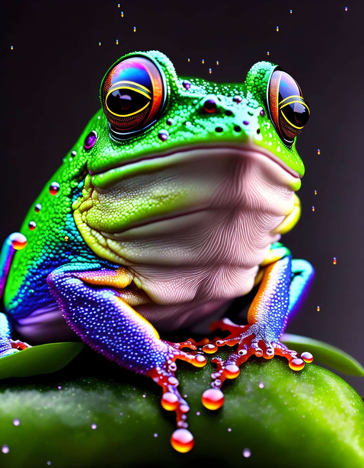 Vibrant digital artwork: stylized frog with green skin and purple limbs on leaf.