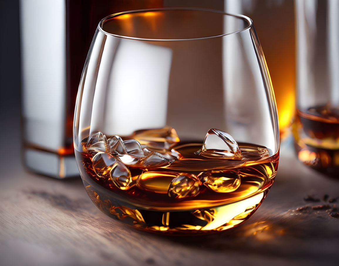 Glass of Whiskey with Ice on Wooden Table and Bottle in Background