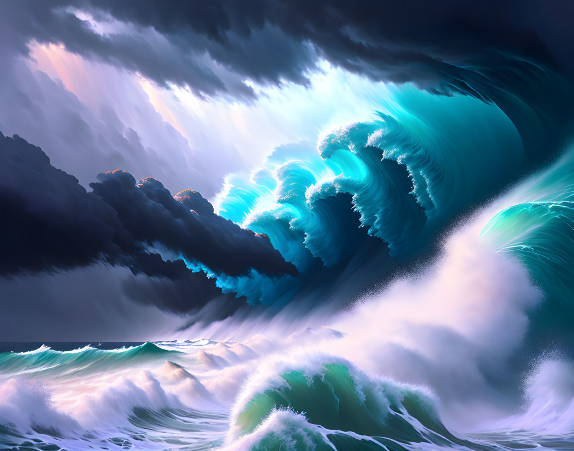 Turquoise Waves Against Stormy Sky with Sun Rays