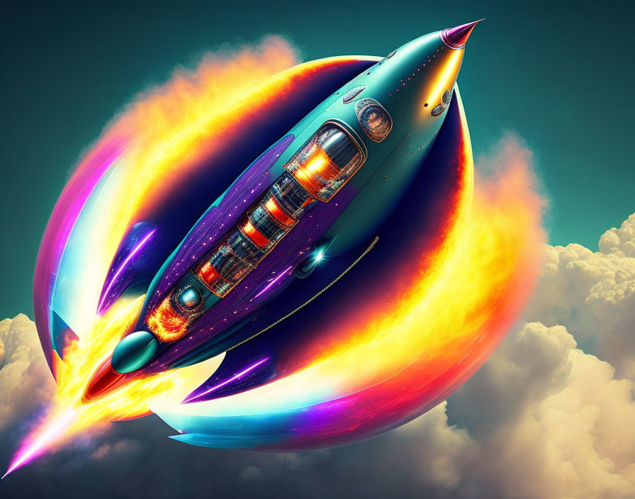 Futuristic spaceship engulfed in flames flying through cloudy sky