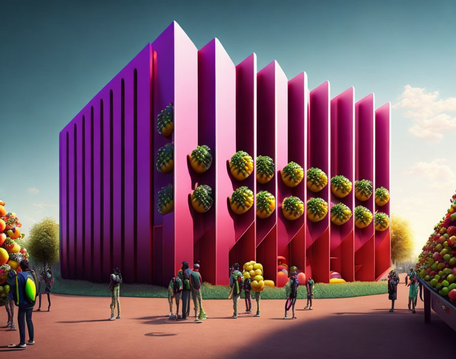 Vibrant building adorned with fruit sculptures and onlookers outside