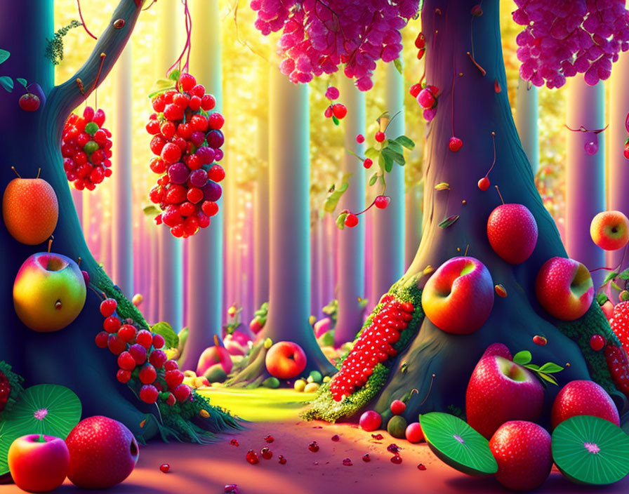 Vibrant fruit forest with purple-pink foliage & surreal ambiance