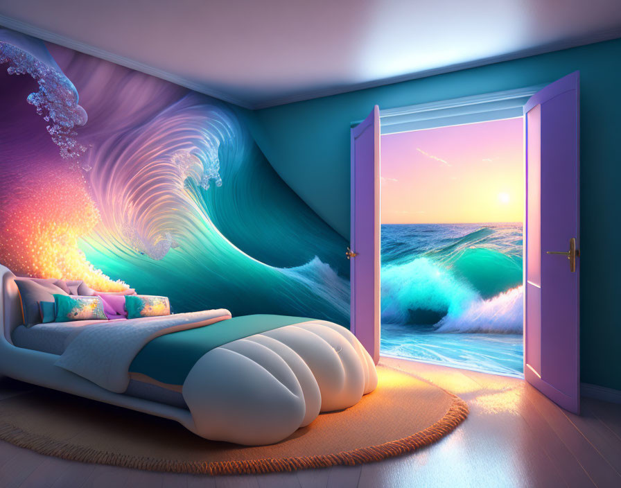 Ocean Wave Themed Surreal Bedroom with Sunset Beach View