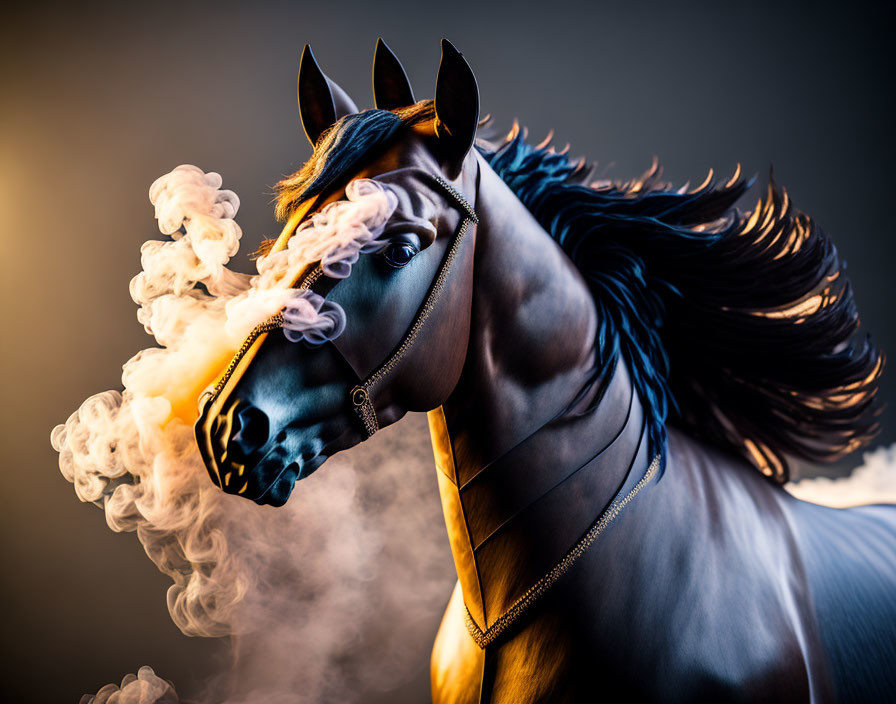 Surreal horse with swirling smoke on gradient background