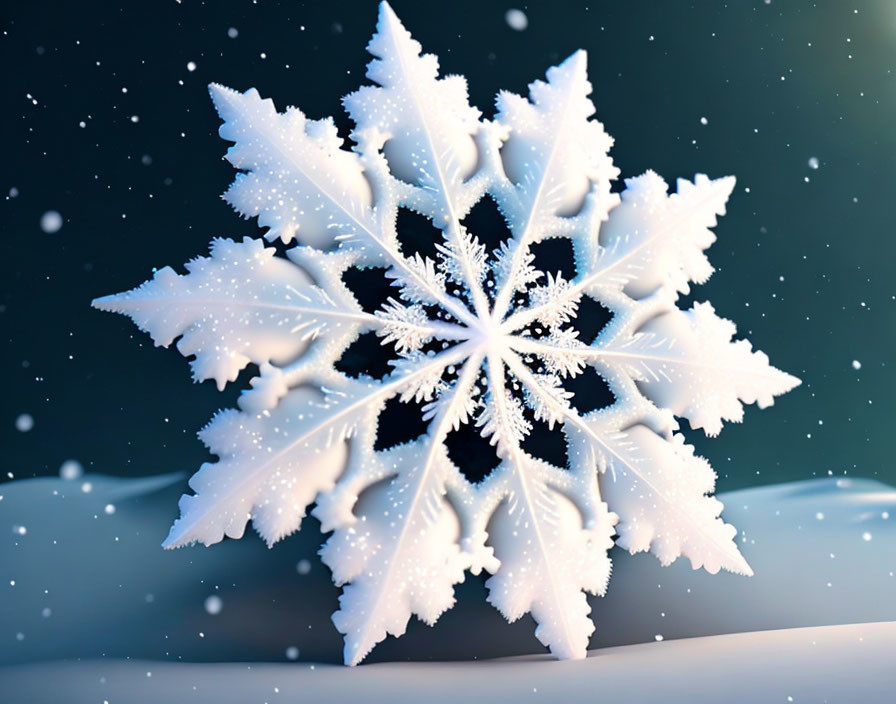 Detailed Snowflake with Intricate Patterns on Snowy Surface