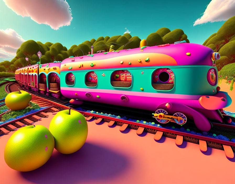 Vibrant pink and green cartoon train on whimsical tracks with oversized fruit