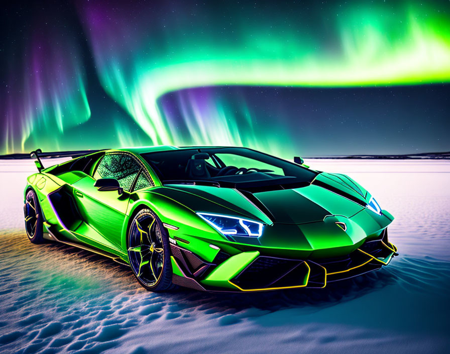 Vibrant green Lamborghini under northern lights on snowy ground