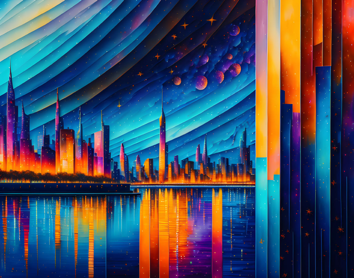 Futuristic cityscape digital art with reflective waters at night transitioning to dawn