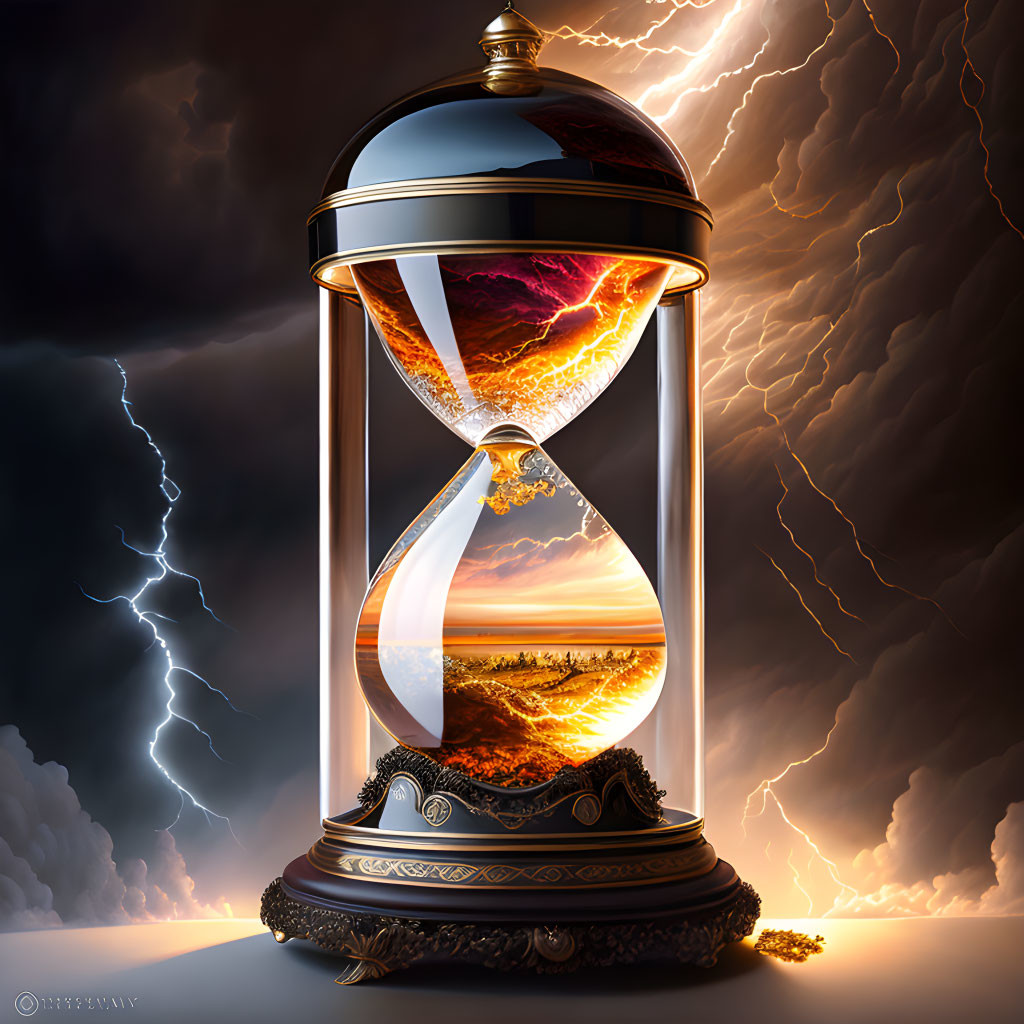 Ornate hourglass with volcanic to sunset landscape symbolism