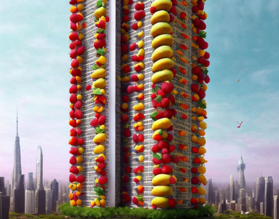 Digitally altered skyscraper with oversized fruit in cityscape.