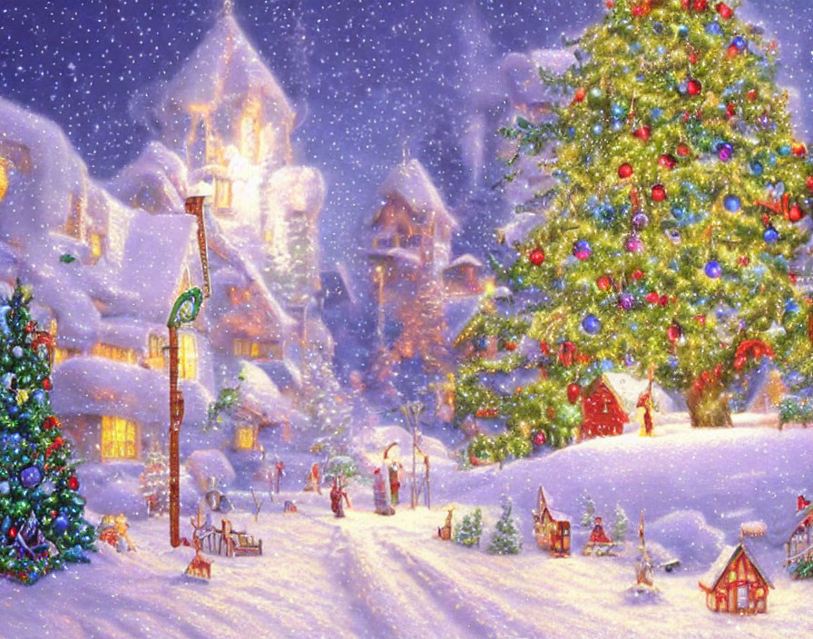 Snowy Christmas village with lights, decorated tree, and festive atmosphere.