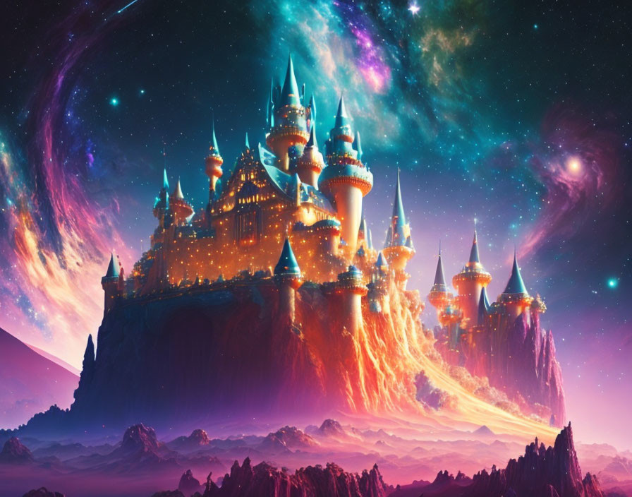 Fantastical castle on cliff with colorful cosmic sky.