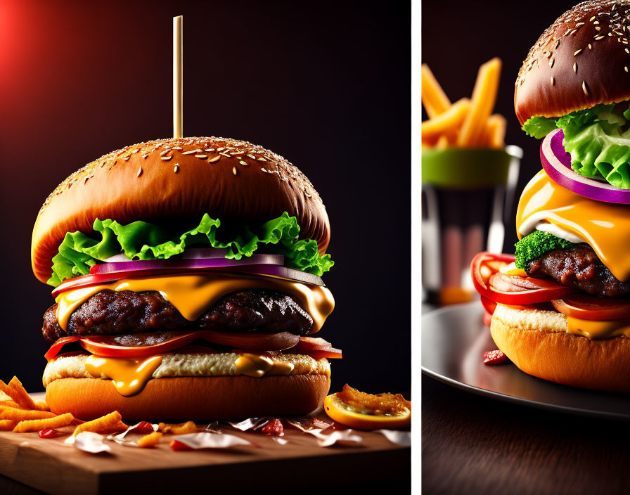 Juicy double cheeseburgers with lettuce and tomato and fries on dark background