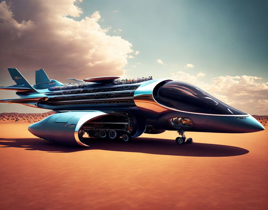 Futuristic airplane on desert landscape with crowd on upper deck